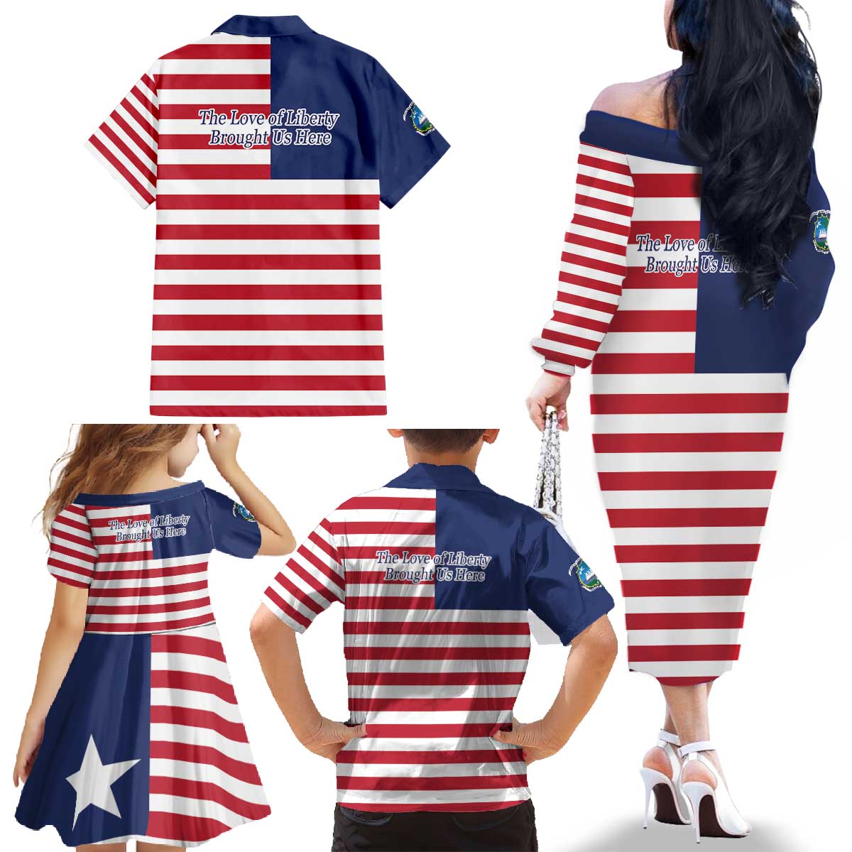 Liberia Flag Style Family Matching Off The Shoulder Long Sleeve Dress and Hawaiian Shirt The Love of Liberty Brought Us Here