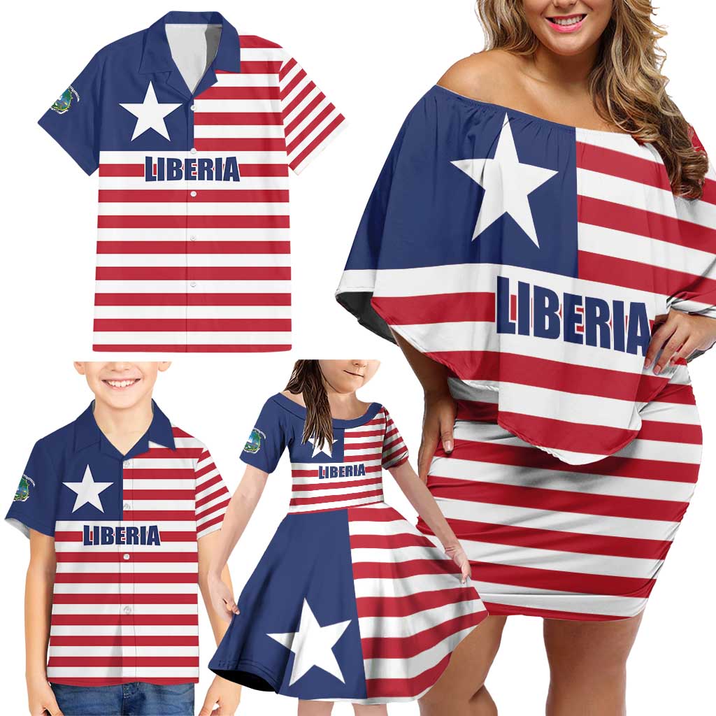 Liberia Flag Style Family Matching Off Shoulder Short Dress and Hawaiian Shirt The Love of Liberty Brought Us Here
