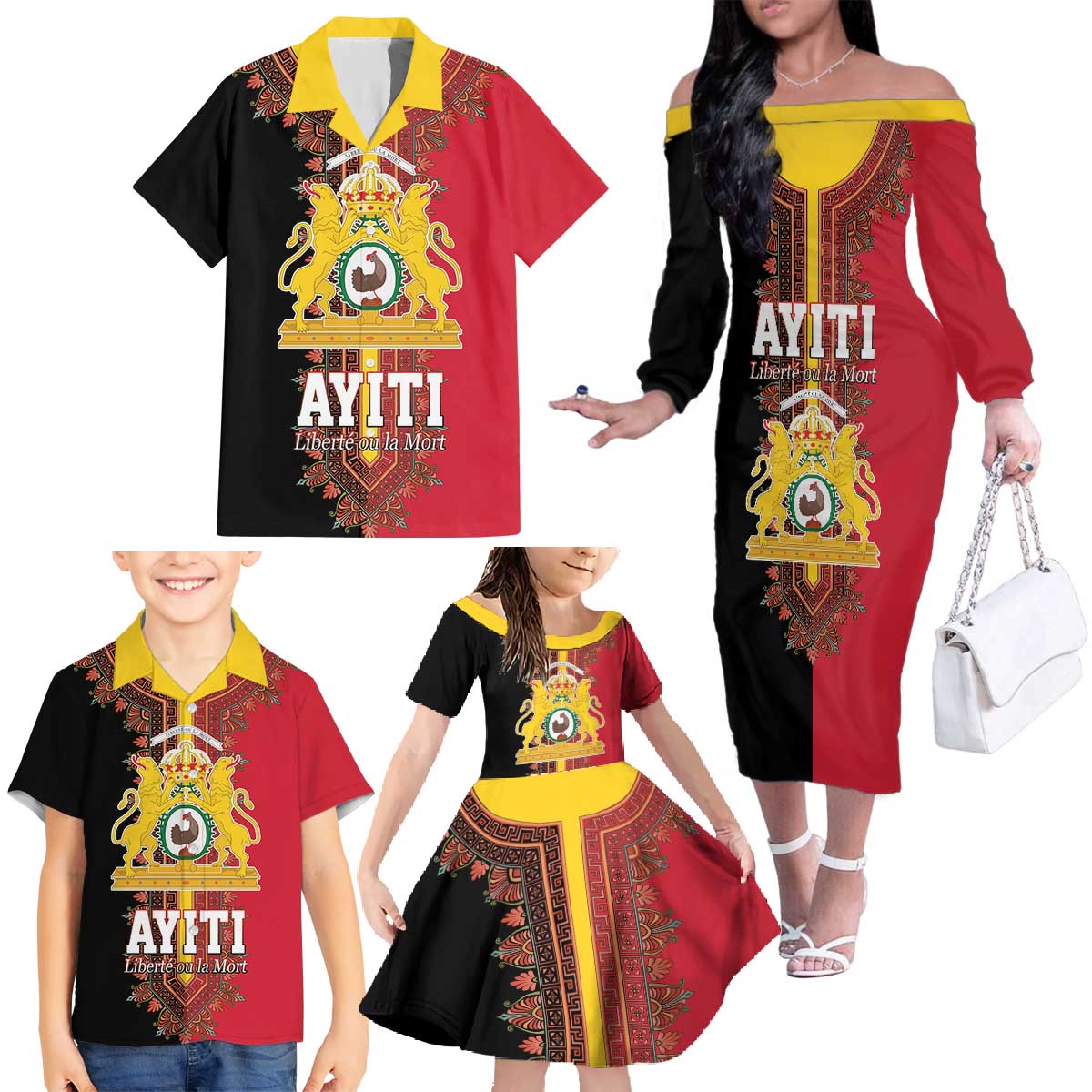Haiti First Empire 1804-1806 Family Matching Off The Shoulder Long Sleeve Dress and Hawaiian Shirt Liberte ou la Mort!