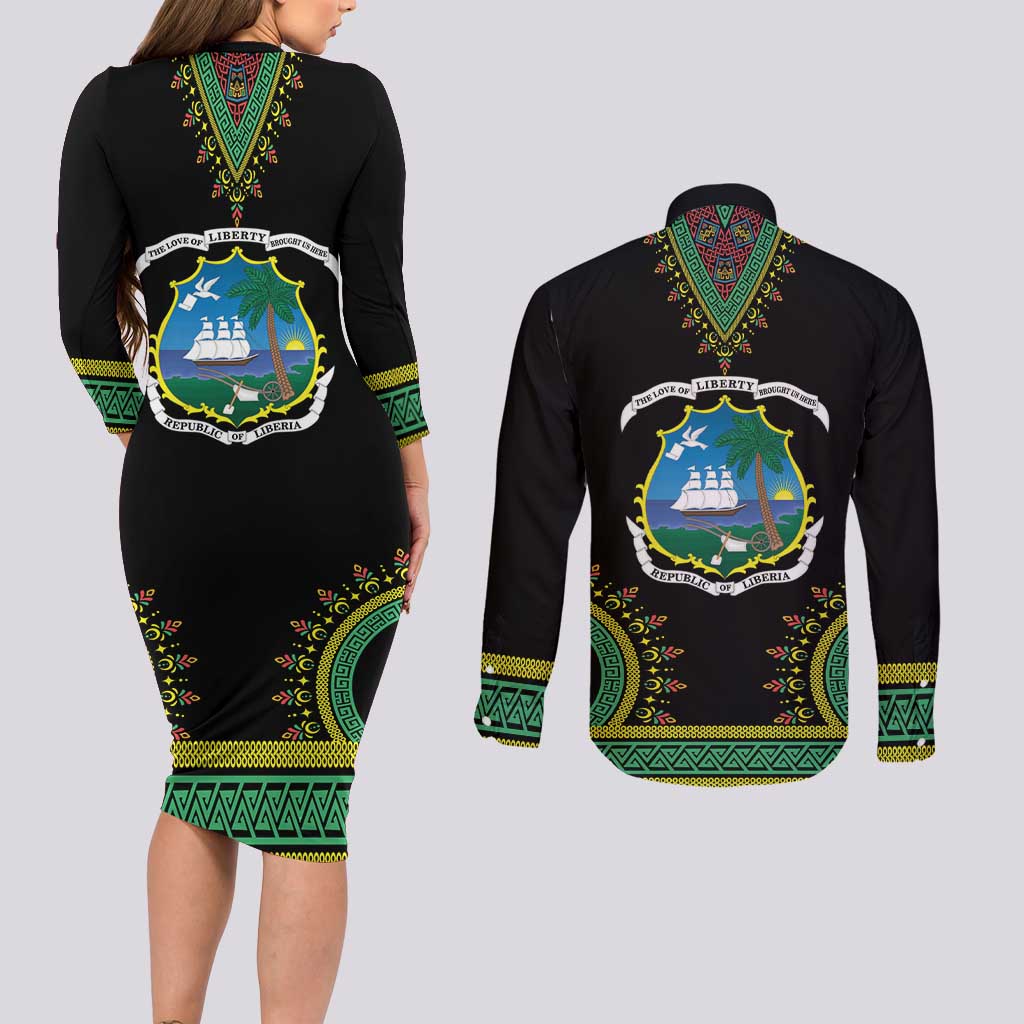 Liberia Coat of Arms Couples Matching Long Sleeve Bodycon Dress and Long Sleeve Button Shirt African Dashiki Style