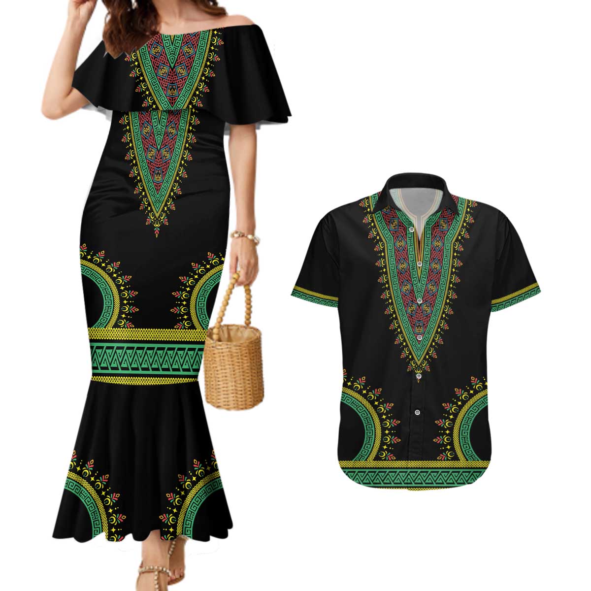 Liberia Coat of Arms Couples Matching Mermaid Dress and Hawaiian Shirt African Dashiki Style