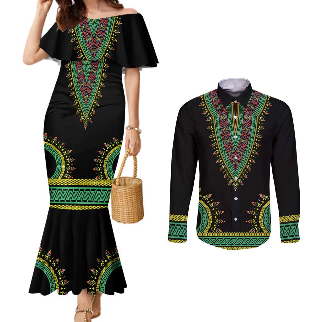 Liberia Coat of Arms Couples Matching Mermaid Dress and Long Sleeve Button Shirt African Dashiki Style