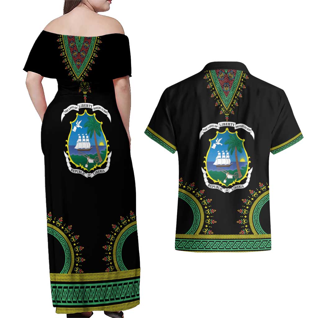 Liberia Coat of Arms Couples Matching Off Shoulder Maxi Dress and Hawaiian Shirt African Dashiki Style