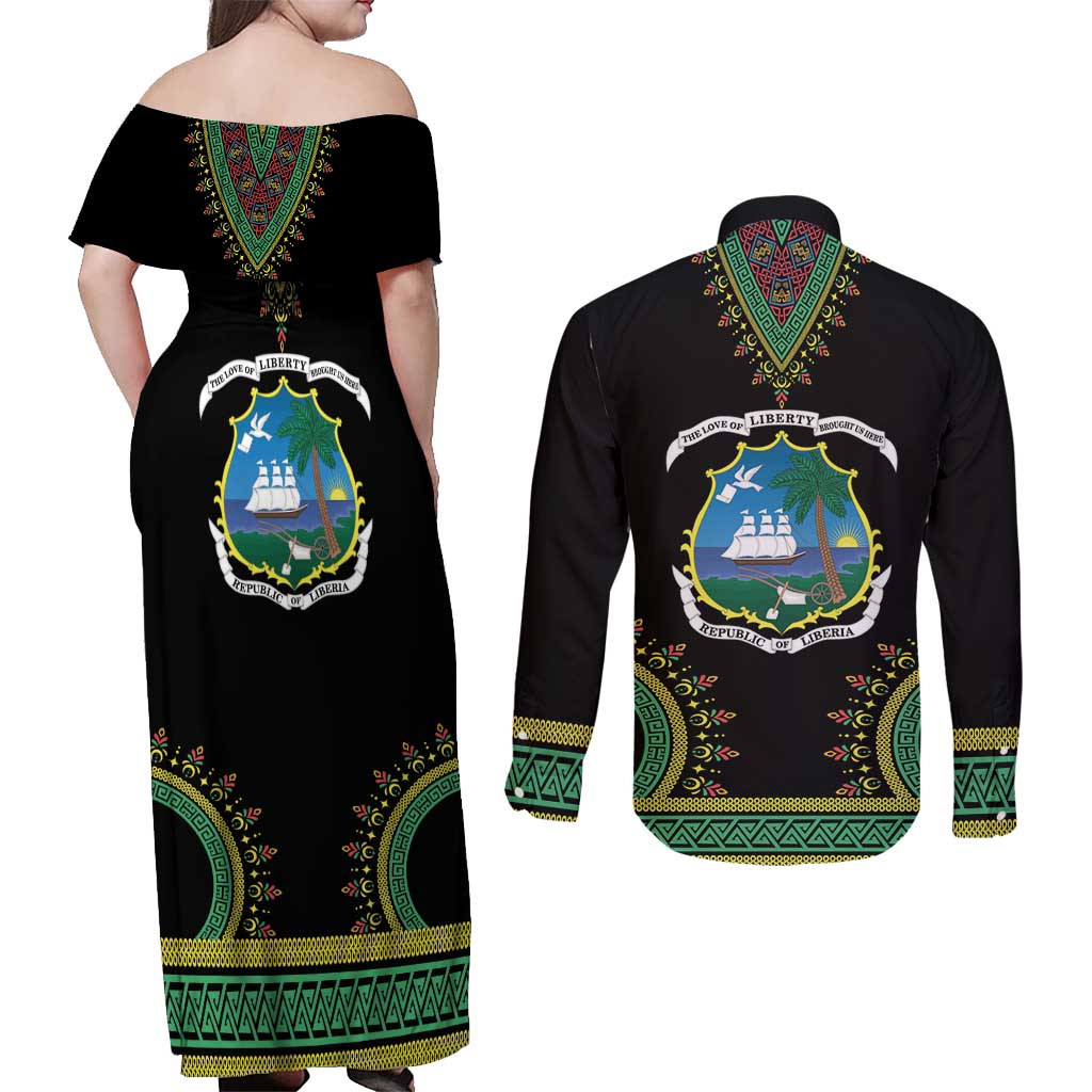 Liberia Coat of Arms Couples Matching Off Shoulder Maxi Dress and Long Sleeve Button Shirt African Dashiki Style