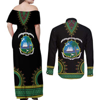 Liberia Coat of Arms Couples Matching Off Shoulder Maxi Dress and Long Sleeve Button Shirt African Dashiki Style