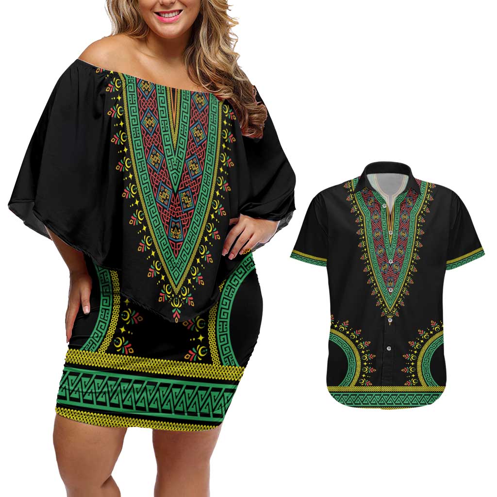 Liberia Coat of Arms Couples Matching Off Shoulder Short Dress and Hawaiian Shirt African Dashiki Style