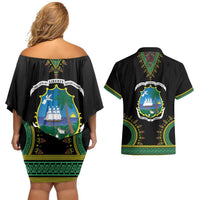 Liberia Coat of Arms Couples Matching Off Shoulder Short Dress and Hawaiian Shirt African Dashiki Style