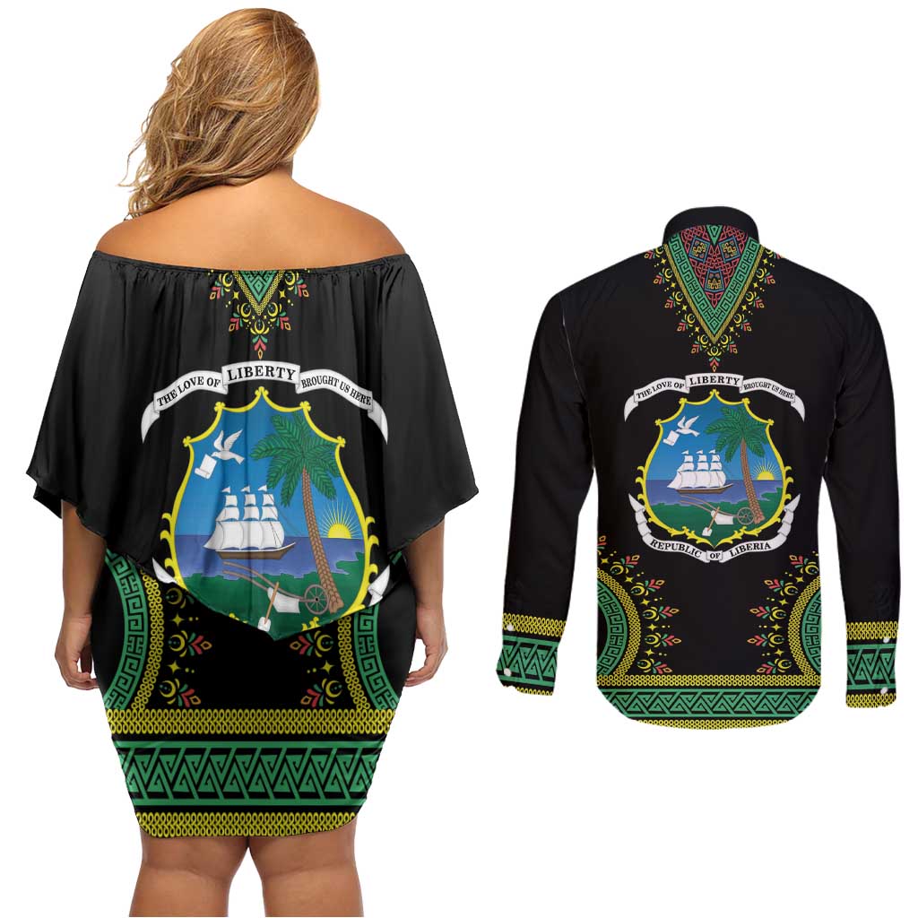 Liberia Coat of Arms Couples Matching Off Shoulder Short Dress and Long Sleeve Button Shirt African Dashiki Style