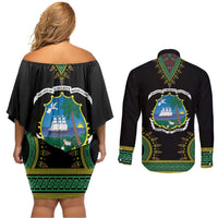 Liberia Coat of Arms Couples Matching Off Shoulder Short Dress and Long Sleeve Button Shirt African Dashiki Style