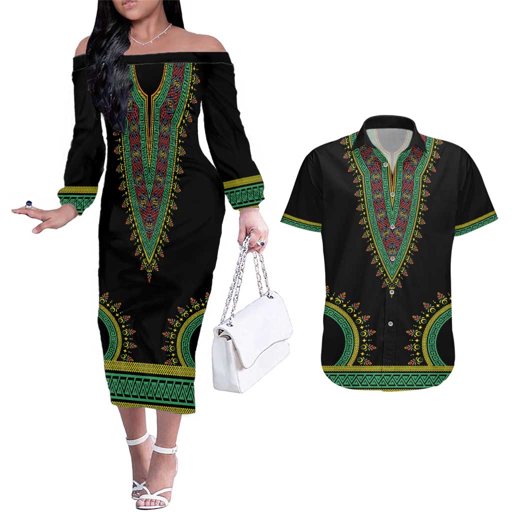 Liberia Coat of Arms Couples Matching Off The Shoulder Long Sleeve Dress and Hawaiian Shirt African Dashiki Style