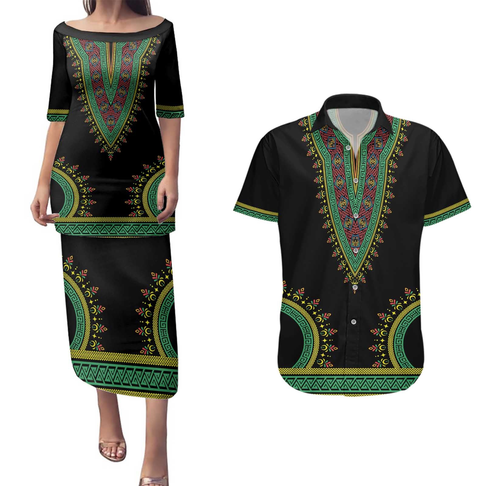 Liberia Coat of Arms Couples Matching Puletasi and Hawaiian Shirt African Dashiki Style