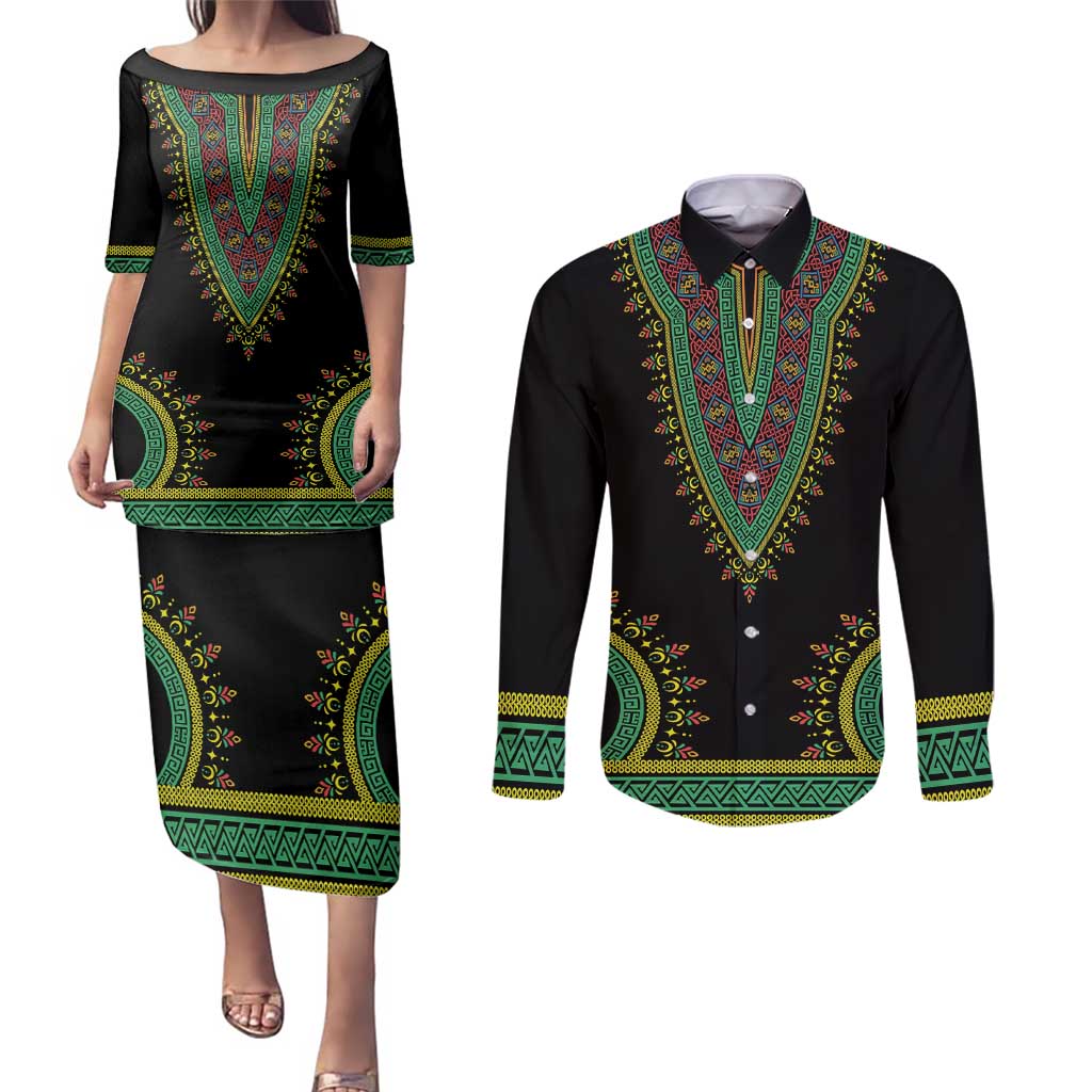 Liberia Coat of Arms Couples Matching Puletasi and Long Sleeve Button Shirt African Dashiki Style