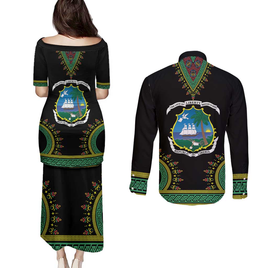 Liberia Coat of Arms Couples Matching Puletasi and Long Sleeve Button Shirt African Dashiki Style