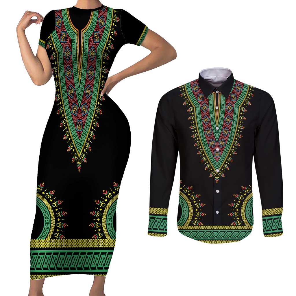 Liberia Coat of Arms Couples Matching Short Sleeve Bodycon Dress and Long Sleeve Button Shirt African Dashiki Style