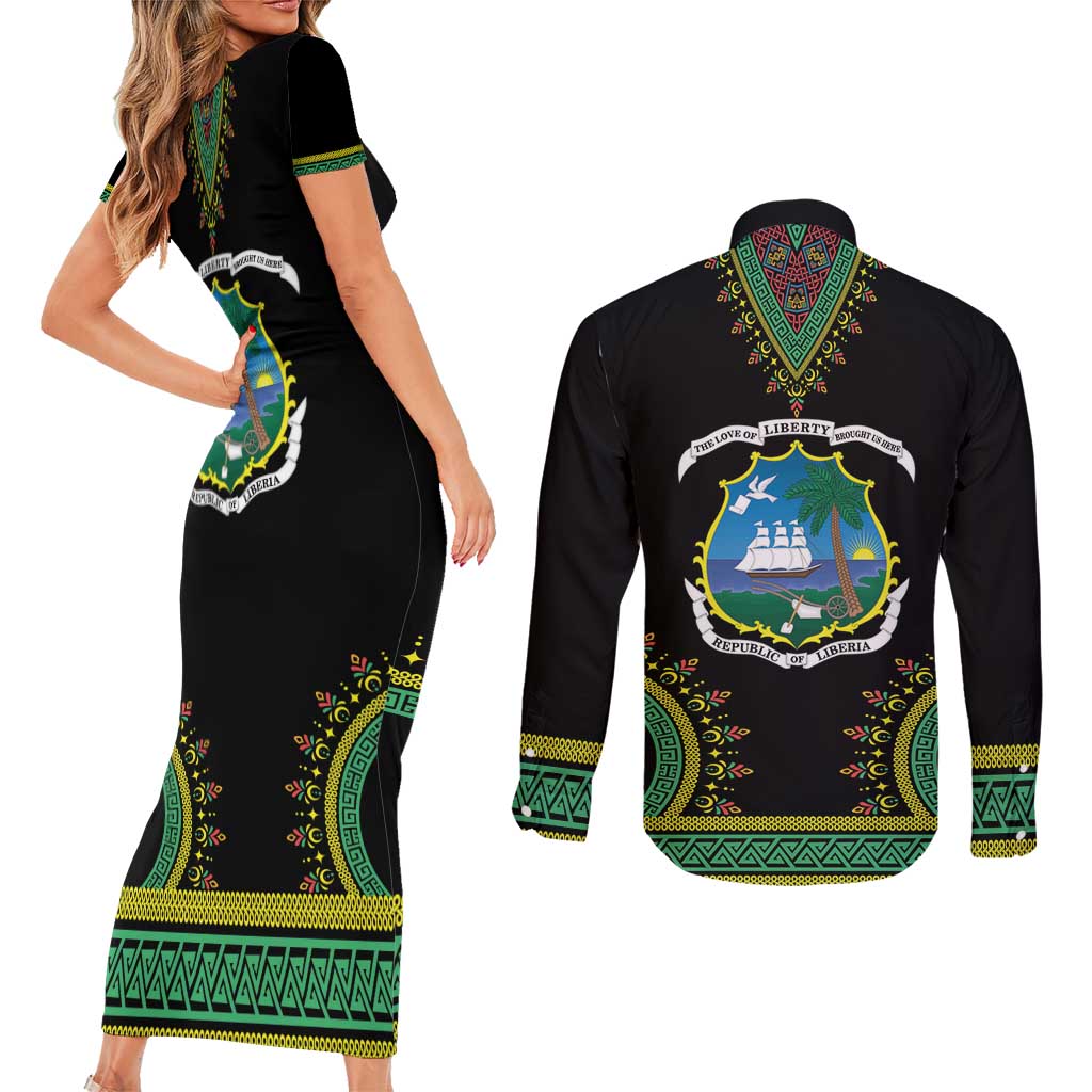 Liberia Coat of Arms Couples Matching Short Sleeve Bodycon Dress and Long Sleeve Button Shirt African Dashiki Style