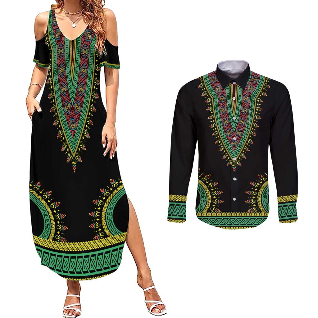 Liberia Coat of Arms Couples Matching Summer Maxi Dress and Long Sleeve Button Shirt African Dashiki Style