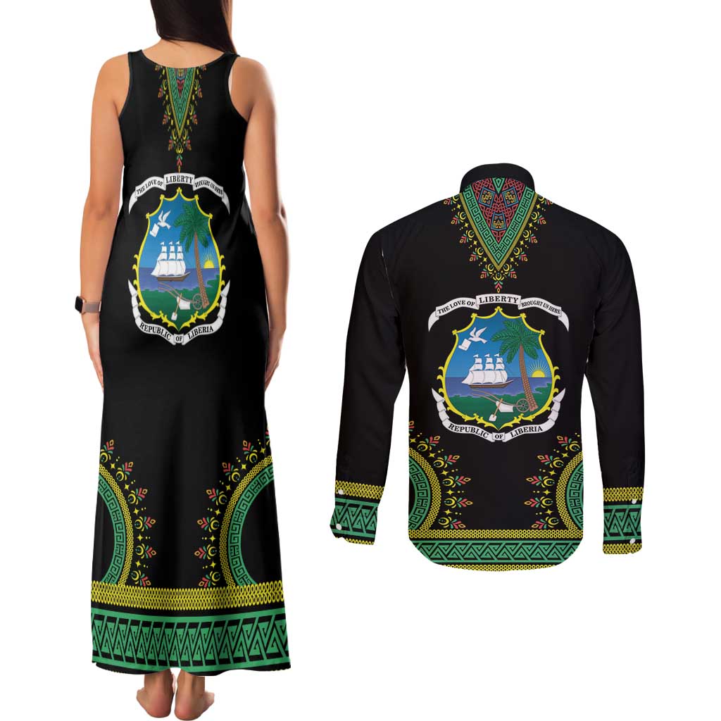 Liberia Coat of Arms Couples Matching Tank Maxi Dress and Long Sleeve Button Shirt African Dashiki Style