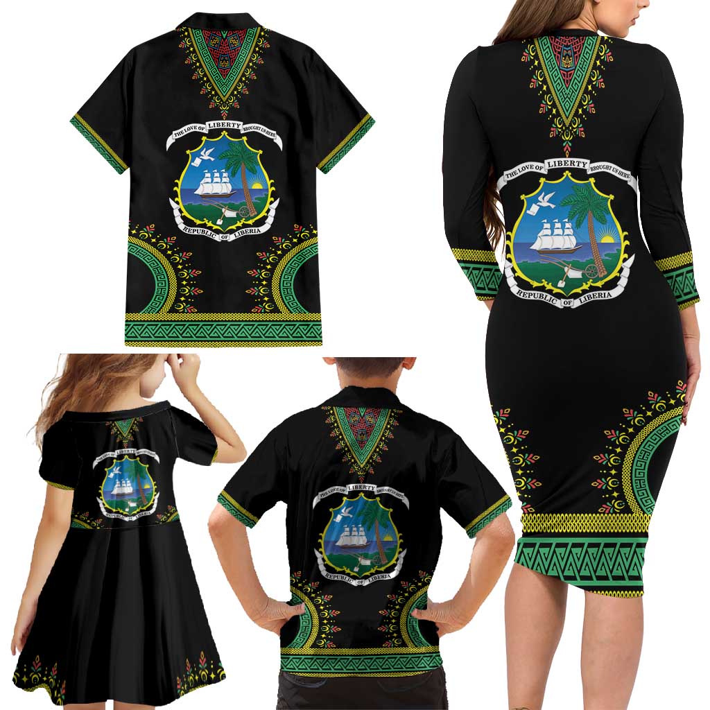 Liberia Coat of Arms Family Matching Long Sleeve Bodycon Dress and Hawaiian Shirt African Dashiki Style