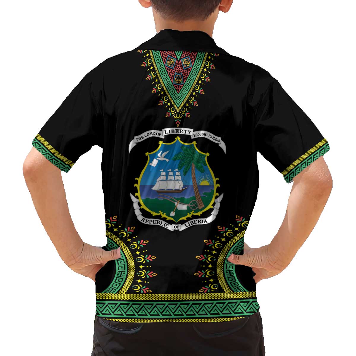 Liberia Coat of Arms Family Matching Off The Shoulder Long Sleeve Dress and Hawaiian Shirt African Dashiki Style