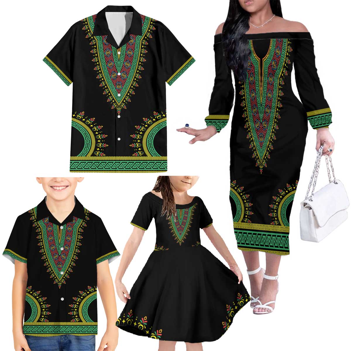 Liberia Coat of Arms Family Matching Off The Shoulder Long Sleeve Dress and Hawaiian Shirt African Dashiki Style