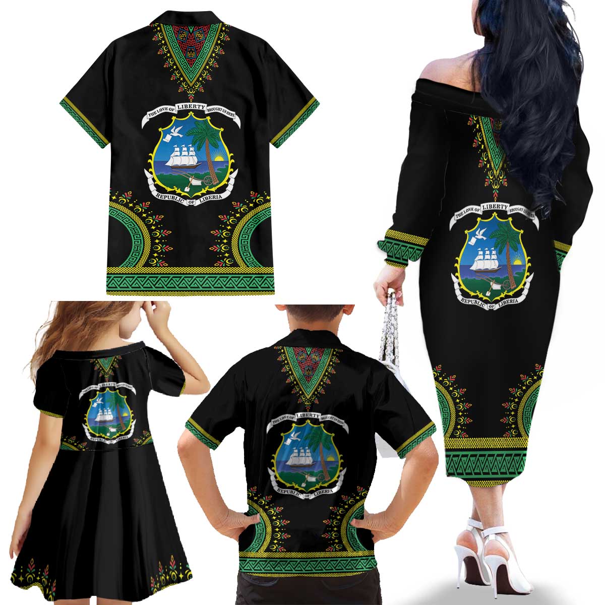 Liberia Coat of Arms Family Matching Off The Shoulder Long Sleeve Dress and Hawaiian Shirt African Dashiki Style