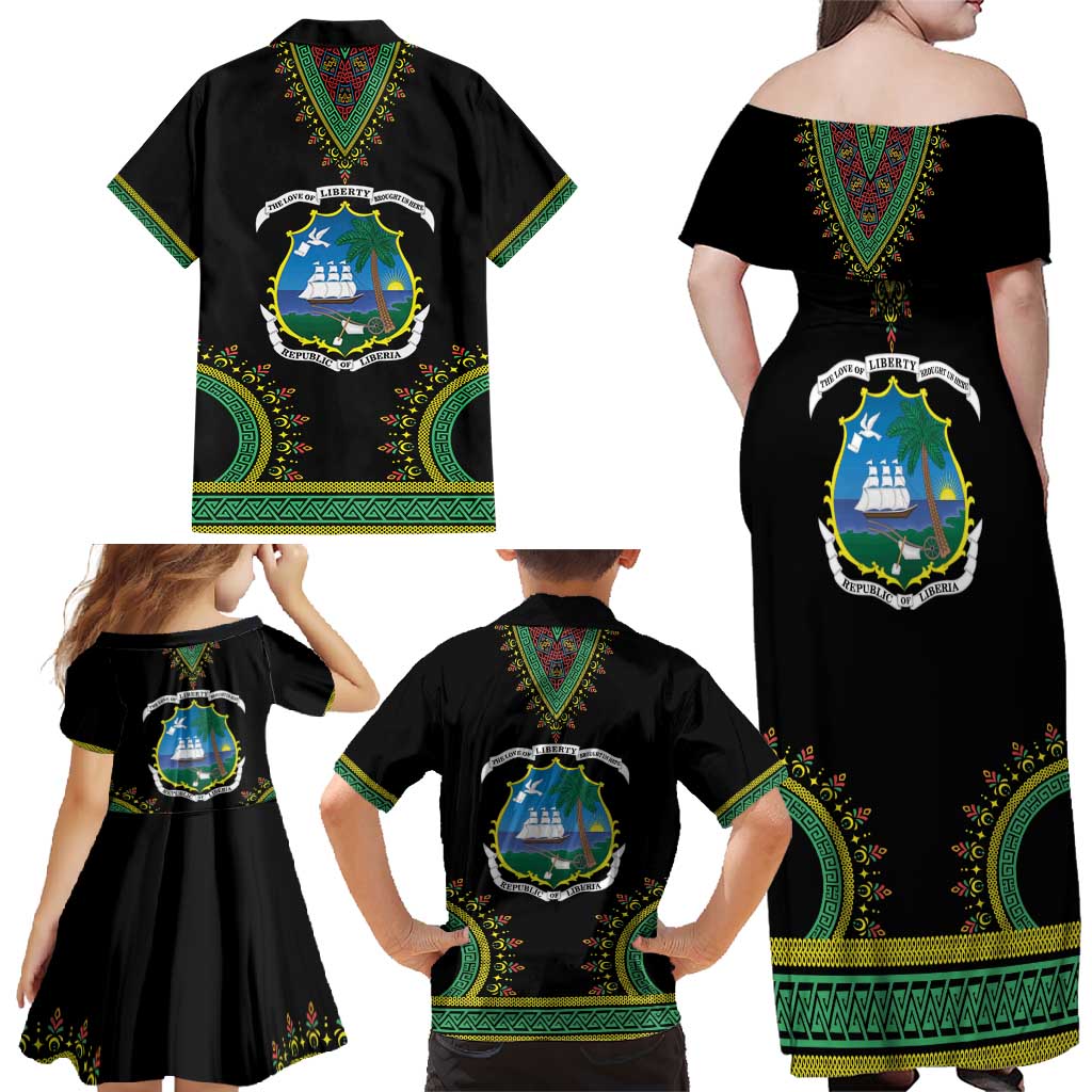 Liberia Coat of Arms Family Matching Off Shoulder Maxi Dress and Hawaiian Shirt African Dashiki Style