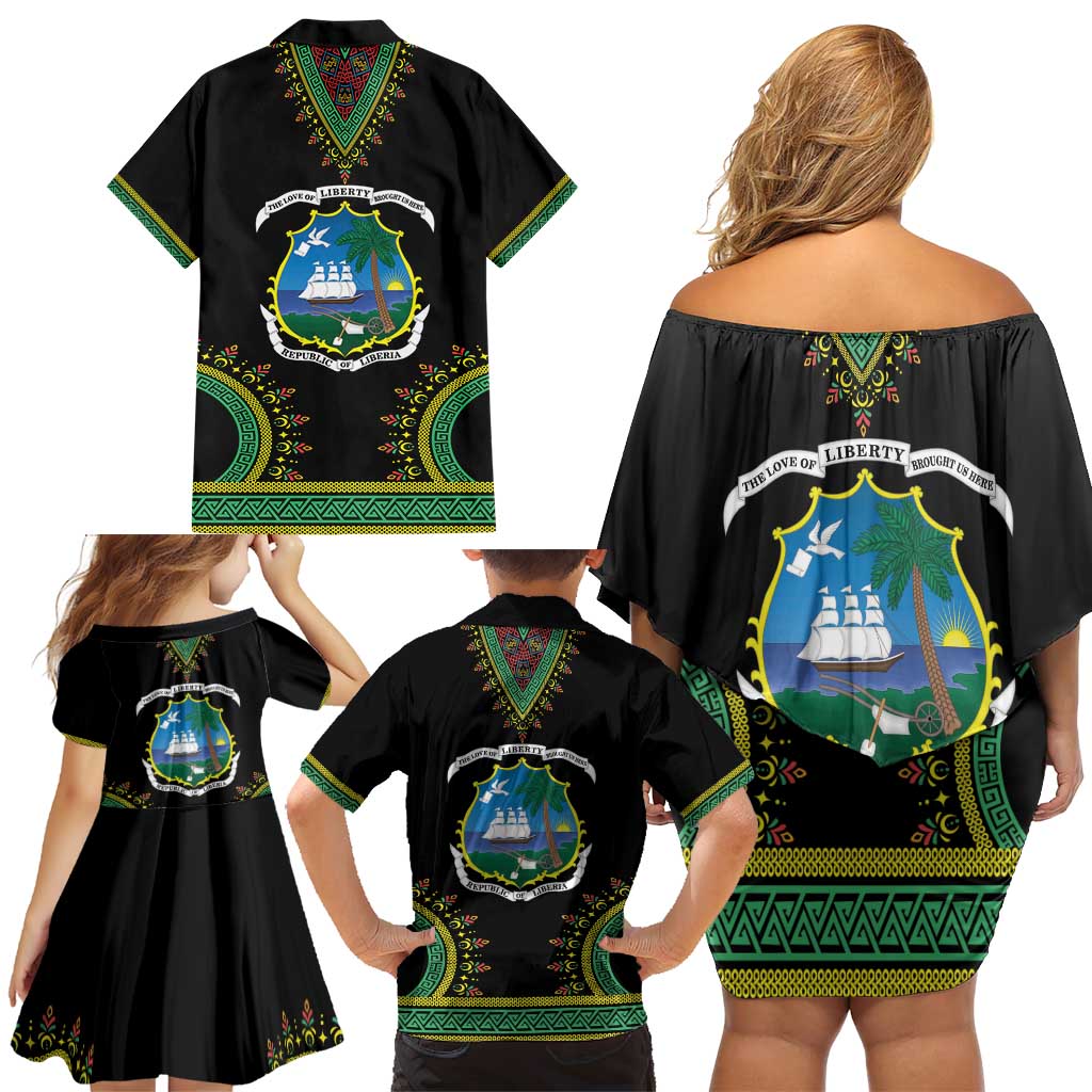Liberia Coat of Arms Family Matching Off Shoulder Short Dress and Hawaiian Shirt African Dashiki Style