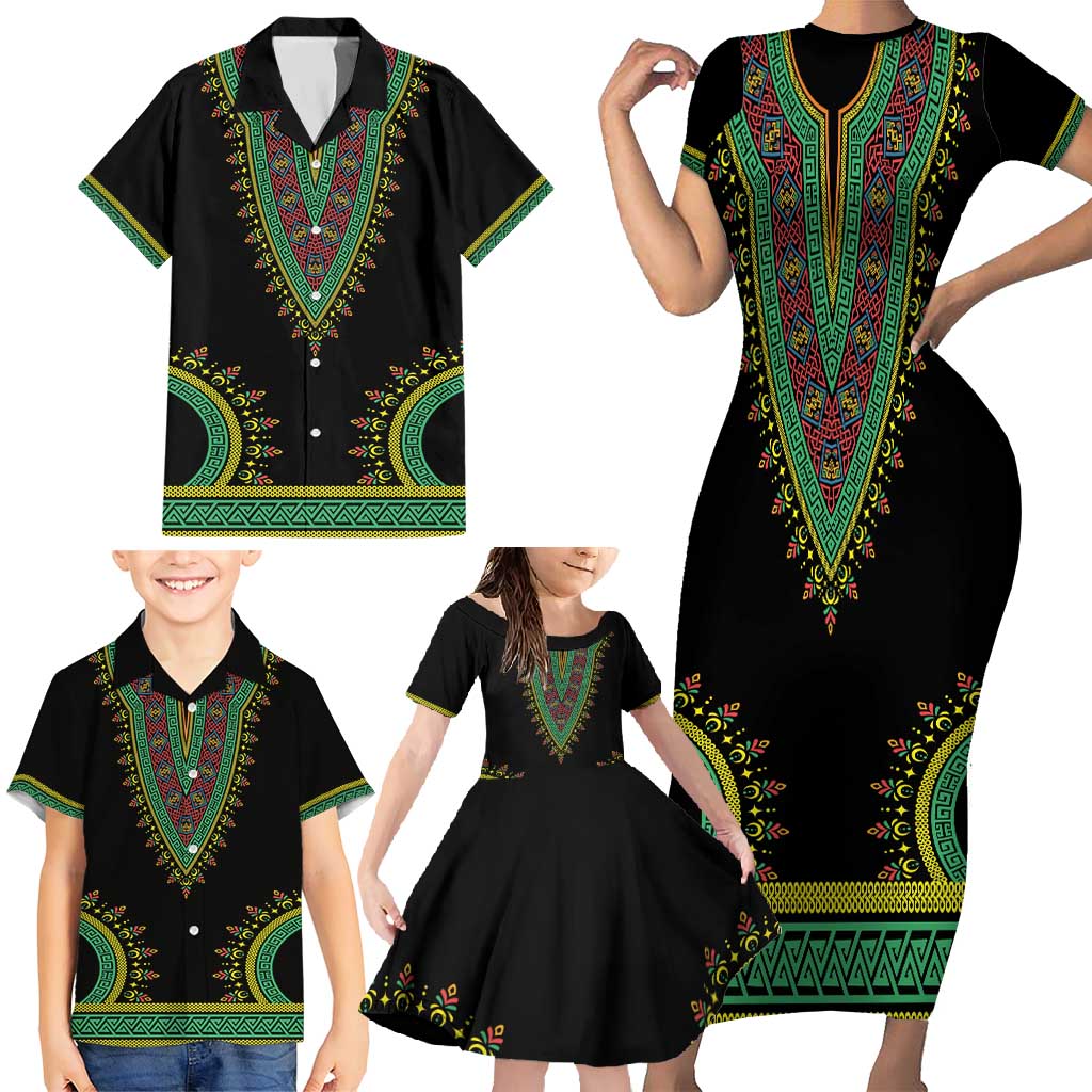 Liberia Coat of Arms Family Matching Short Sleeve Bodycon Dress and Hawaiian Shirt African Dashiki Style