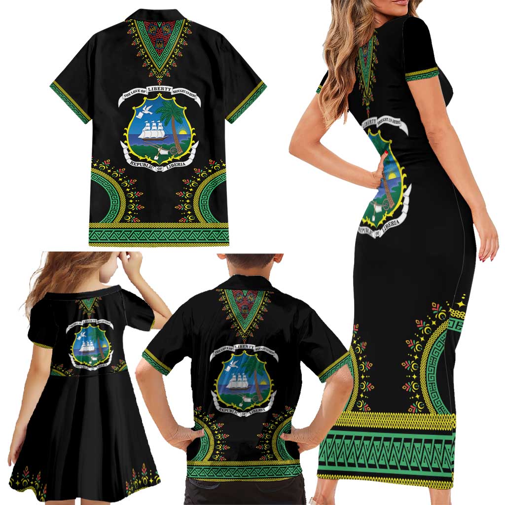 Liberia Coat of Arms Family Matching Short Sleeve Bodycon Dress and Hawaiian Shirt African Dashiki Style