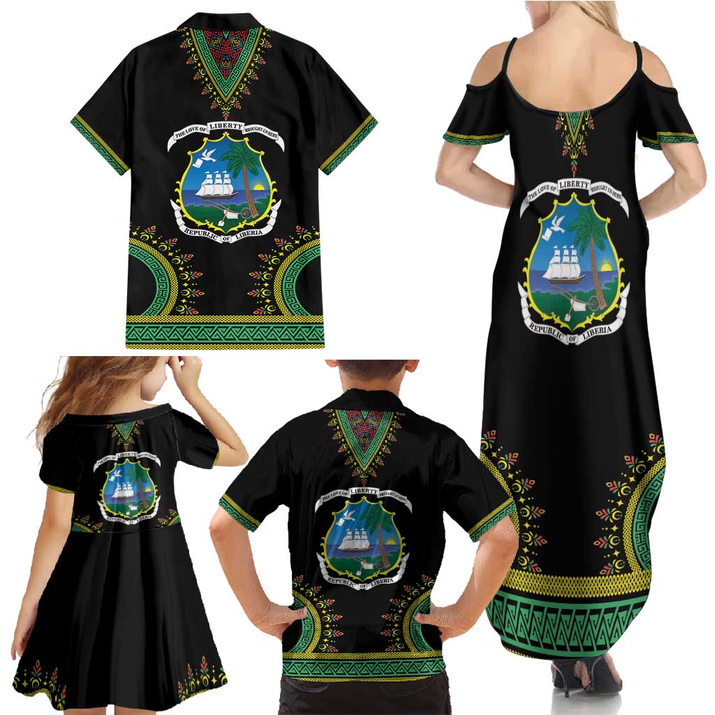 Liberia Coat of Arms Family Matching Summer Maxi Dress and Hawaiian Shirt African Dashiki Style