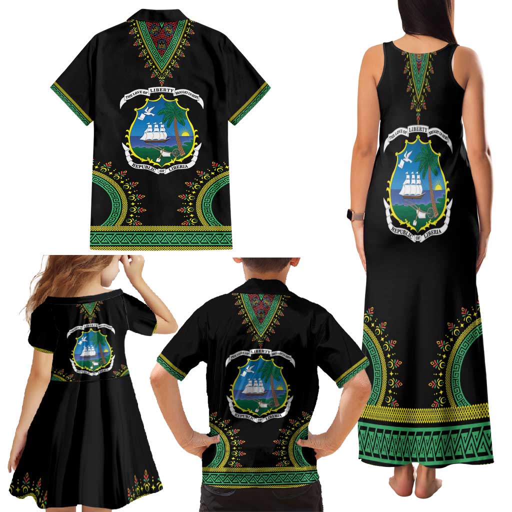 Liberia Coat of Arms Family Matching Tank Maxi Dress and Hawaiian Shirt African Dashiki Style
