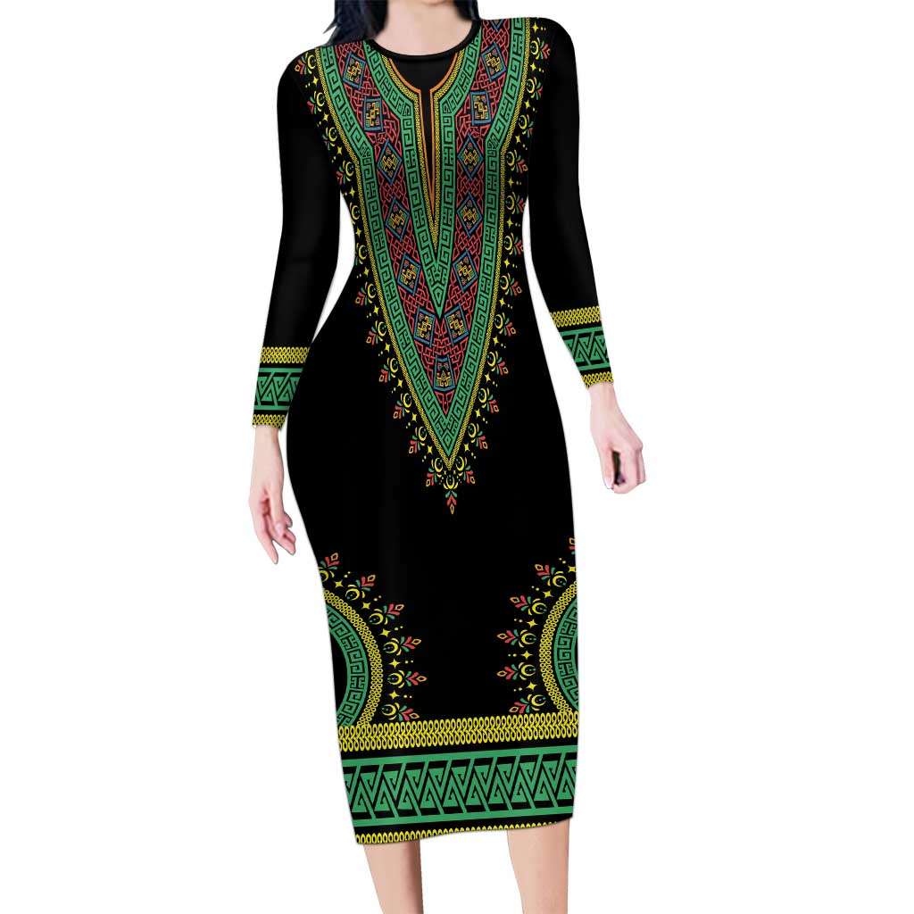 Liberia Coat of Arms Long Sleeve Bodycon Dress African Dashiki Style