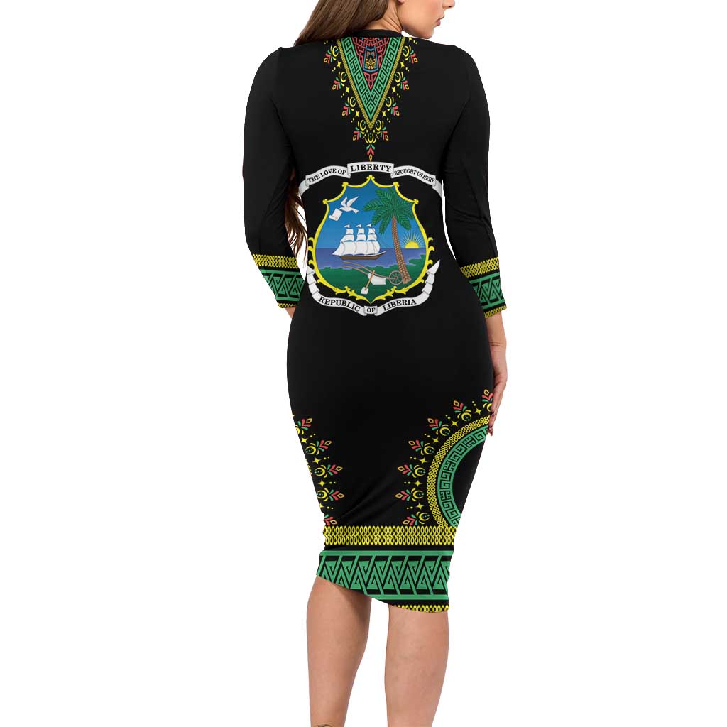 Liberia Coat of Arms Long Sleeve Bodycon Dress African Dashiki Style