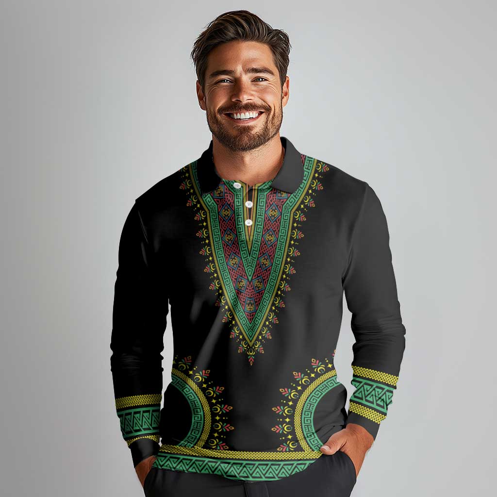 Liberia Coat of Arms Long Sleeve Polo Shirt African Dashiki Style
