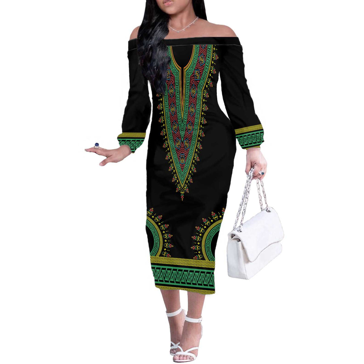 Liberia Coat of Arms Off The Shoulder Long Sleeve Dress African Dashiki Style