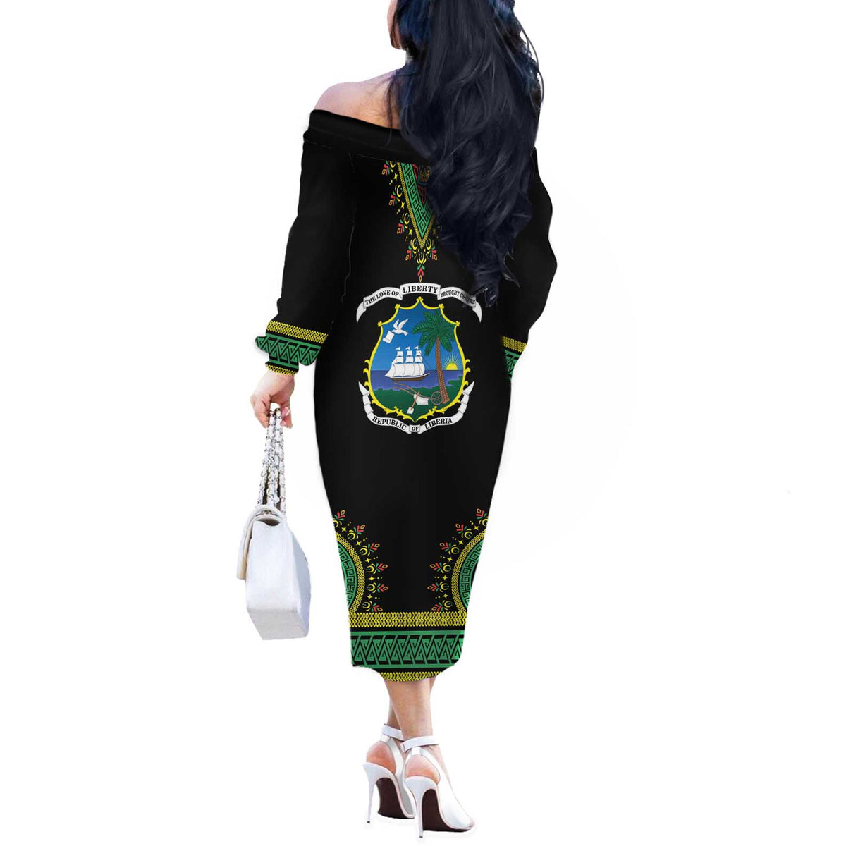 Liberia Coat of Arms Off The Shoulder Long Sleeve Dress African Dashiki Style