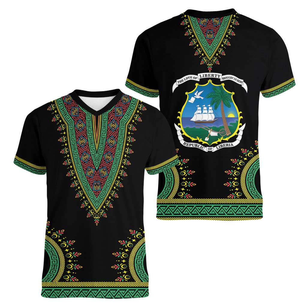 Liberia Coat of Arms Women V-Neck T-Shirt African Dashiki Style