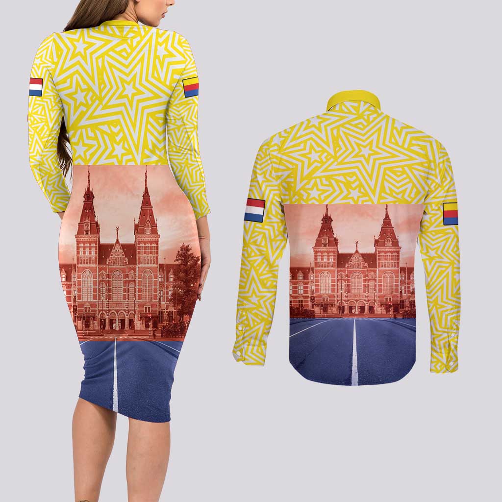 Netherlands North Holland Province Couples Matching Long Sleeve Bodycon Dress and Long Sleeve Button Shirt Flag Style