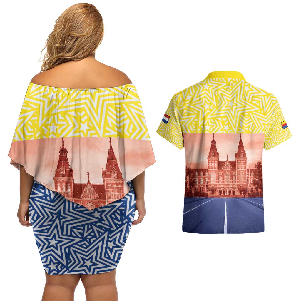 Netherlands North Holland Province Couples Matching Off Shoulder Short Dress and Hawaiian Shirt Flag Style