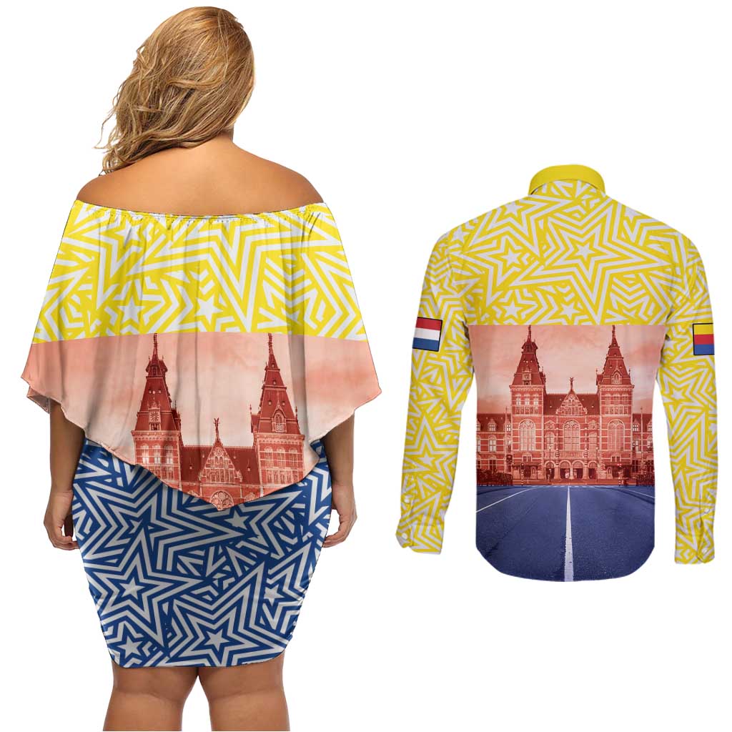 Netherlands North Holland Province Couples Matching Off Shoulder Short Dress and Long Sleeve Button Shirt Flag Style