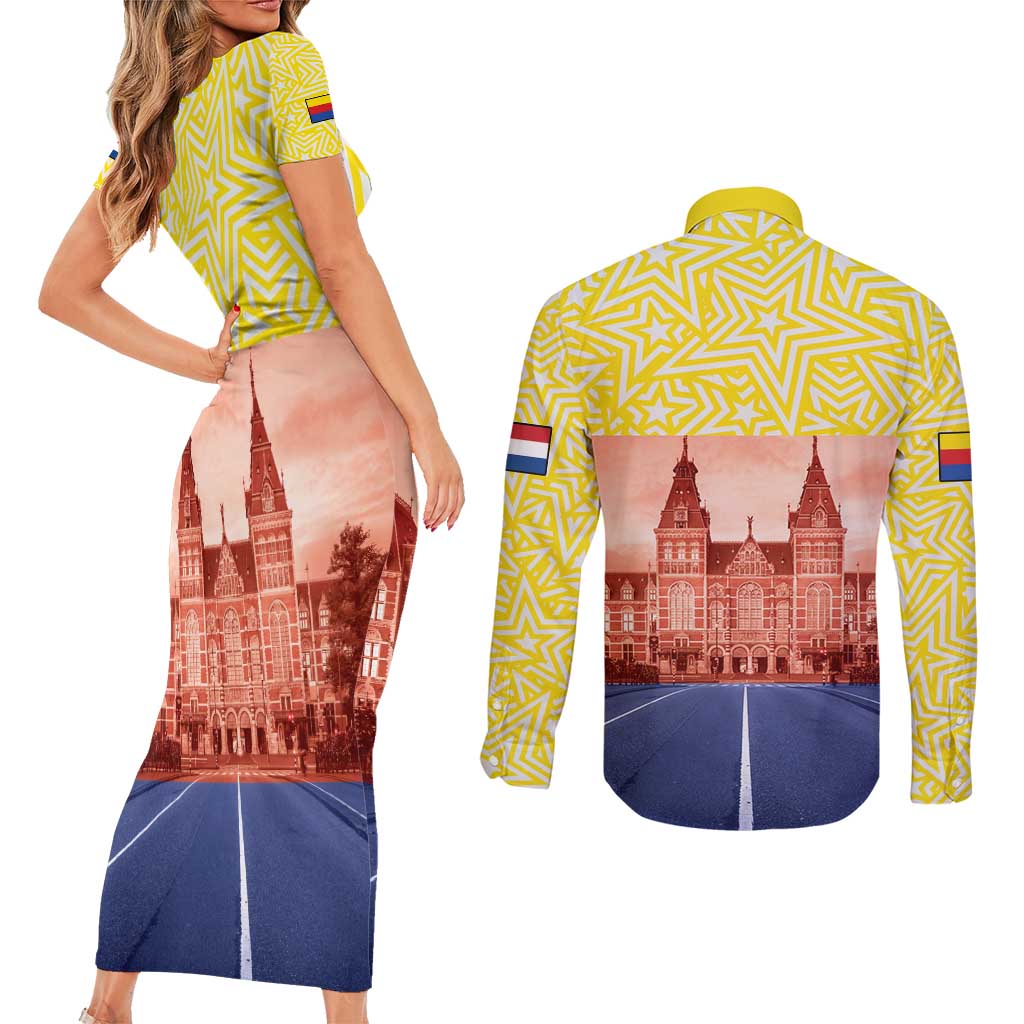 Netherlands North Holland Province Couples Matching Short Sleeve Bodycon Dress and Long Sleeve Button Shirt Flag Style