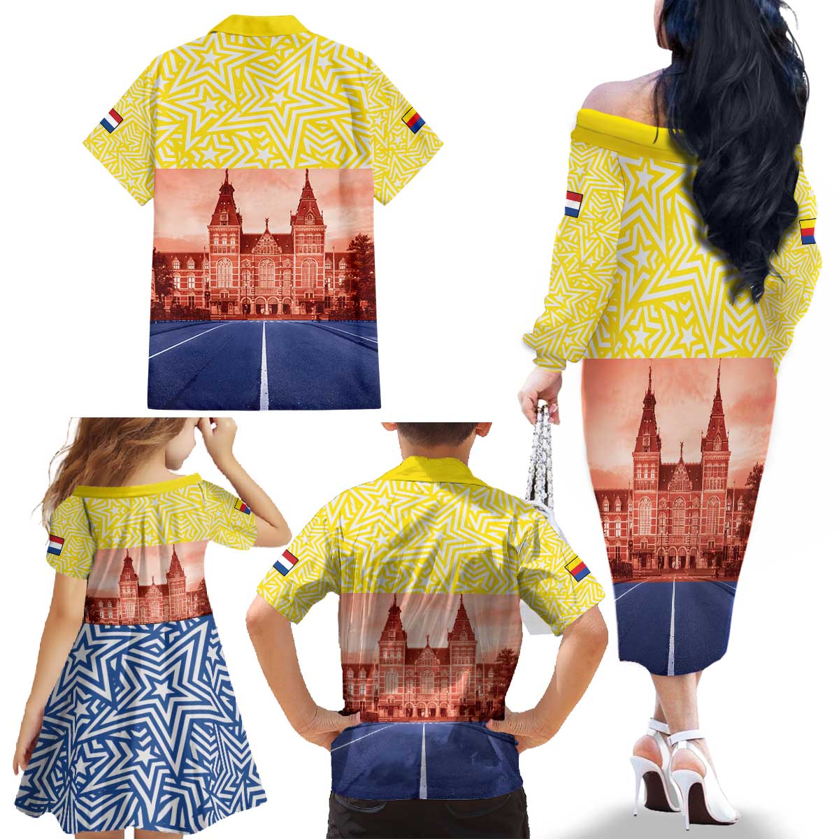 Netherlands North Holland Province Family Matching Off The Shoulder Long Sleeve Dress and Hawaiian Shirt Flag Style