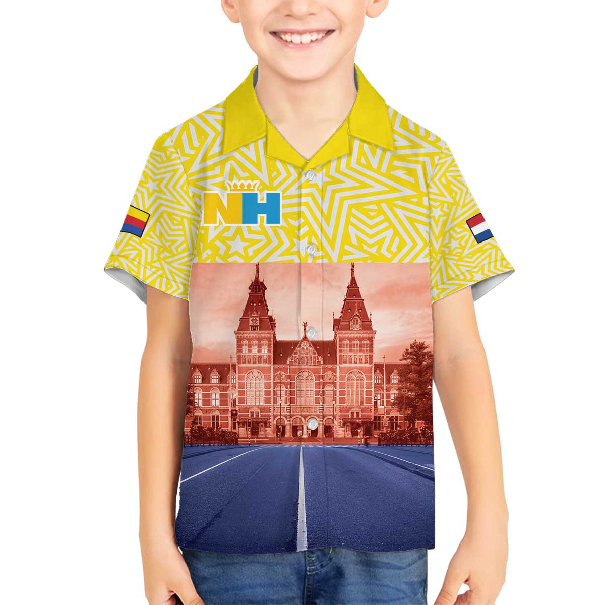 Netherlands North Holland Province Family Matching Off The Shoulder Long Sleeve Dress and Hawaiian Shirt Flag Style