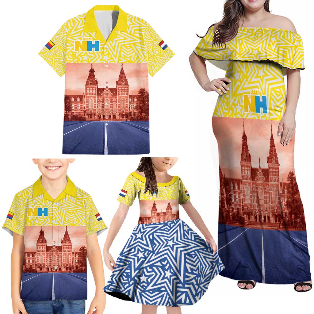 Netherlands North Holland Province Family Matching Off Shoulder Maxi Dress and Hawaiian Shirt Flag Style