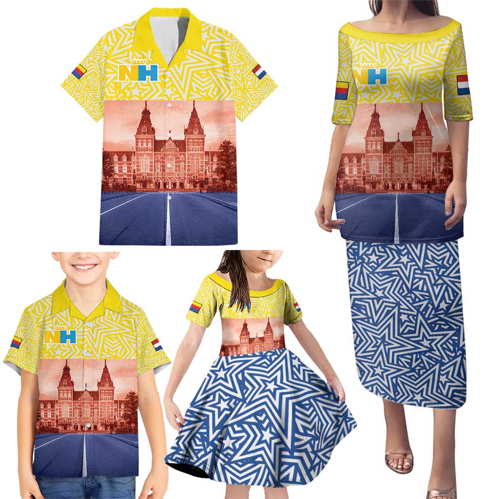 Netherlands North Holland Province Family Matching Puletasi and Hawaiian Shirt Flag Style