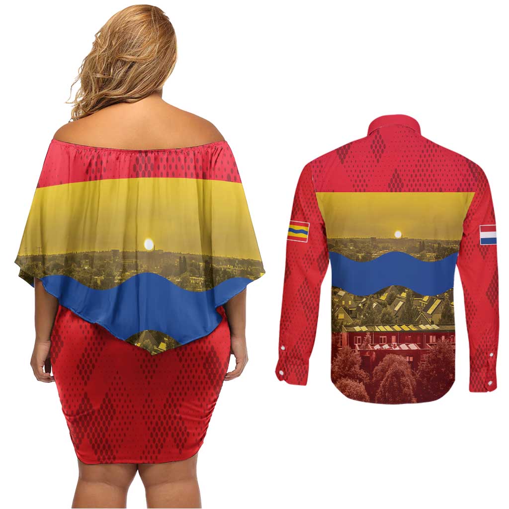 Netherlands Overijssel Province Couples Matching Off Shoulder Short Dress and Long Sleeve Button Shirt Flag Style