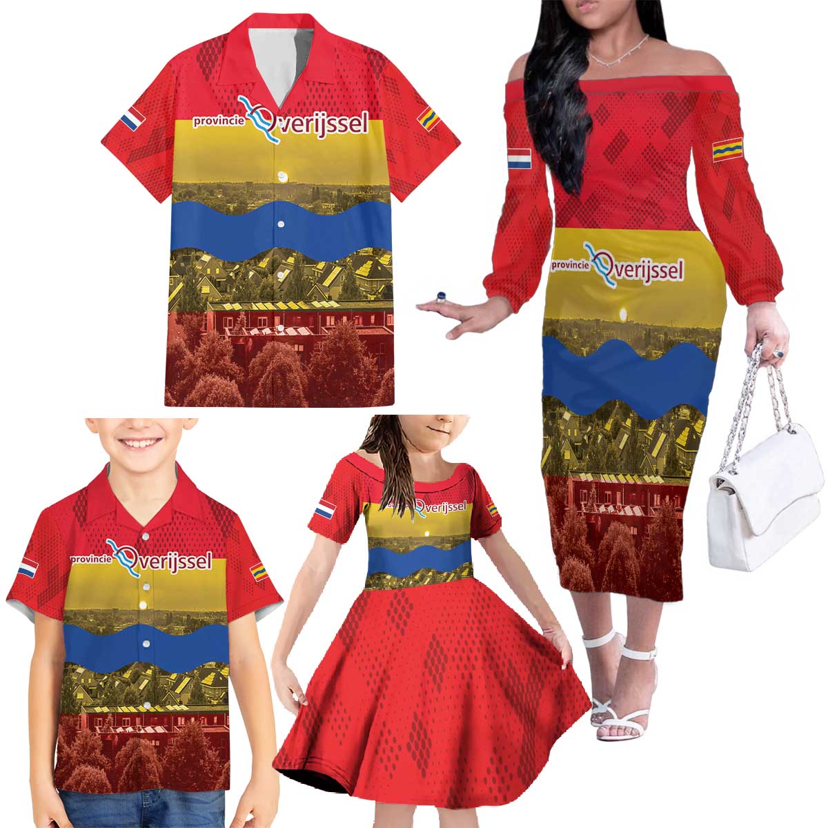 Netherlands Overijssel Province Family Matching Off The Shoulder Long Sleeve Dress and Hawaiian Shirt Flag Style
