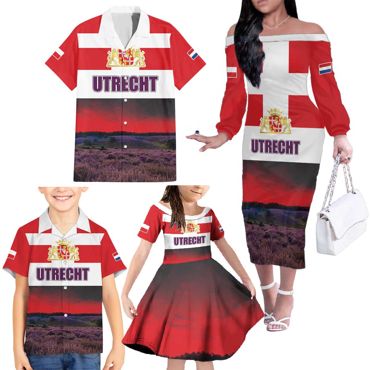 Netherlands Utrecht Province Family Matching Off The Shoulder Long Sleeve Dress and Hawaiian Shirt Flag Style