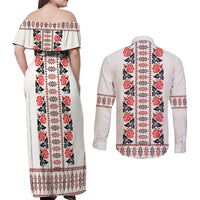 Romanian Traditional Pattern with Martenitsa Couples Matching Off Shoulder Maxi Dress and Long Sleeve Button Shirt Happy Martisor Day 1 March