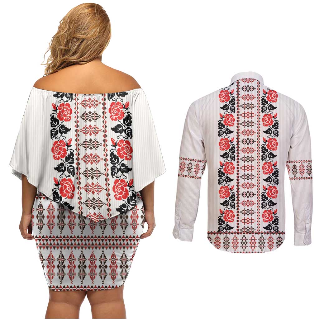 Romanian Traditional Pattern with Martenitsa Couples Matching Off Shoulder Short Dress and Long Sleeve Button Shirt Happy Martisor Day 1 March